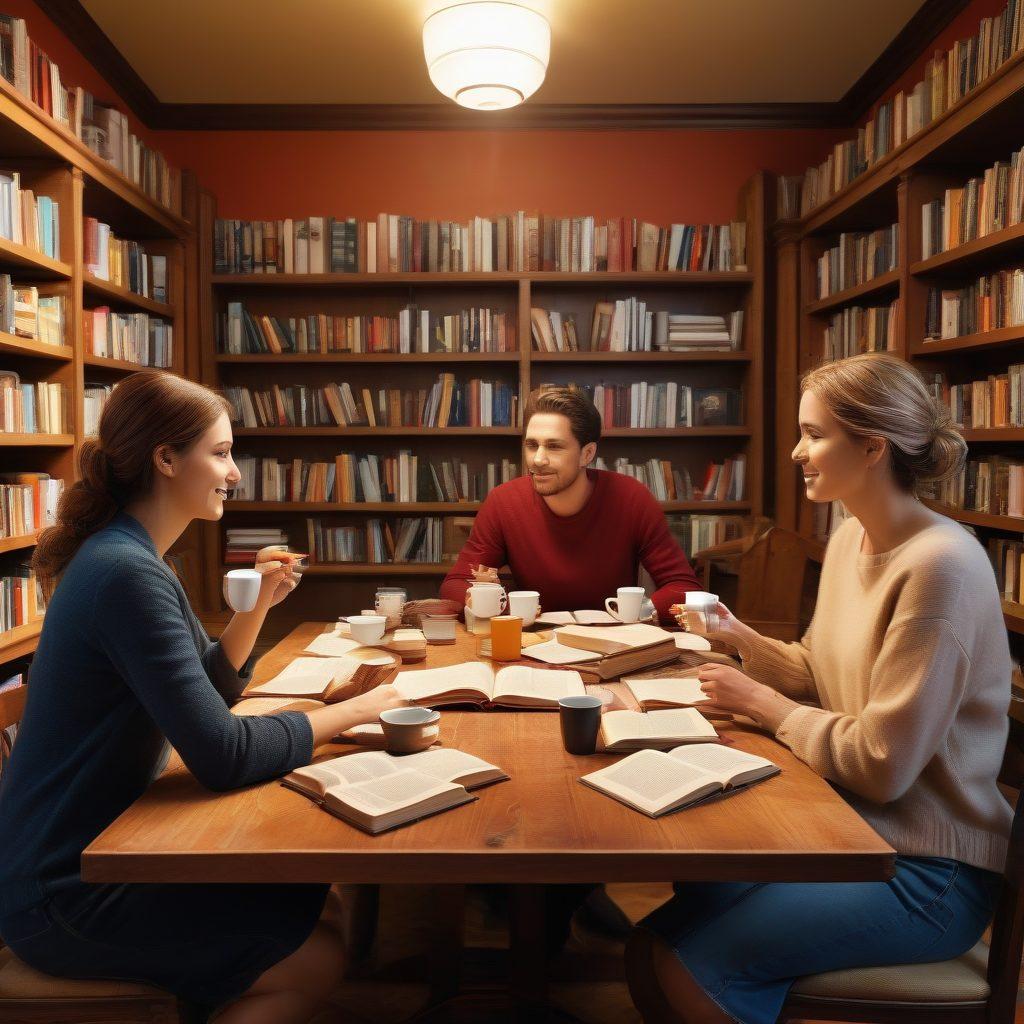 A diverse group of people engaged in a lively discussion around a table filled with books and coffee cups, showcasing various perspectives through facial expressions and body language. The background features a vibrant library with colorful shelves and inspirational quotes on the walls. Soft, warm lighting creates an inviting atmosphere to symbolize insightful conversations. super-realistic. vibrant colors. warm lighting.