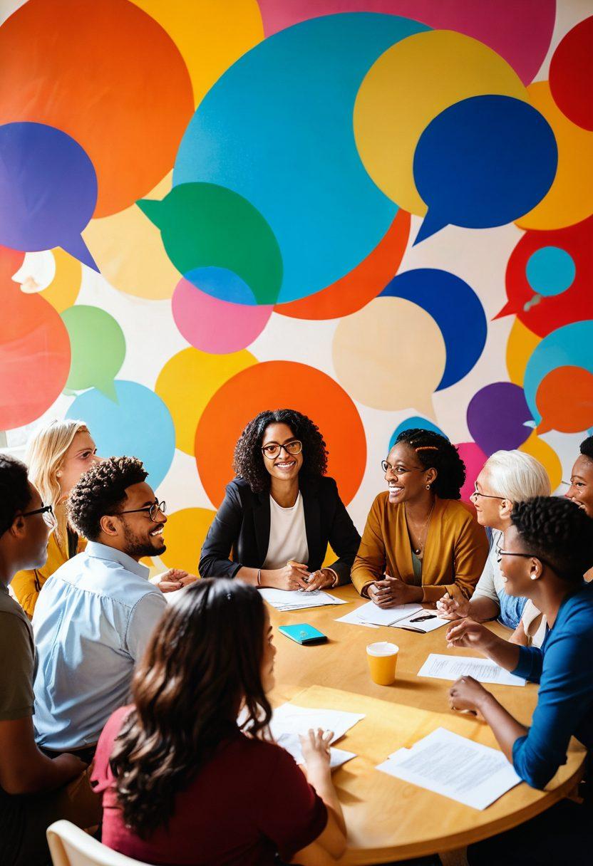 A diverse group of individuals passionately discussing around a vibrant round table, with speech bubbles depicting various opinions and insights floating above them. In the background, a colorful mural showcases symbols of community and dialogue. Bright sunlight filters through a window, creating a warm and inviting atmosphere. super-realistic. vibrant colors. warm tones.