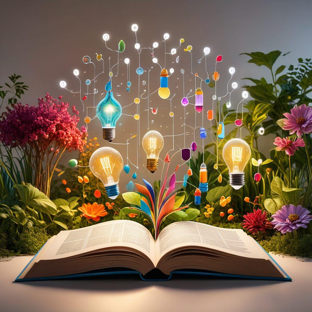An open book with pages turning, surrounded by diverse people sharing ideas in a vibrant discussion. Bright light bulbs symbolize innovation above their heads, and colorful charts and graphs float in the air, representing data-driven insights. The backdrop features a lush garden to signify growth and cultivation of knowledge. super-realistic. vibrant colors. white background.